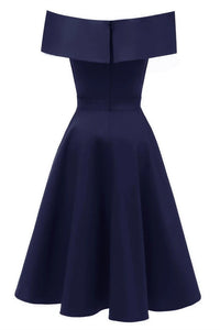 1950s Vintage Off the Shoulder Bark Blue Swing Dress