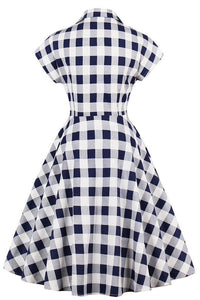 1950s Blue and White Pockets Plaid Dress
