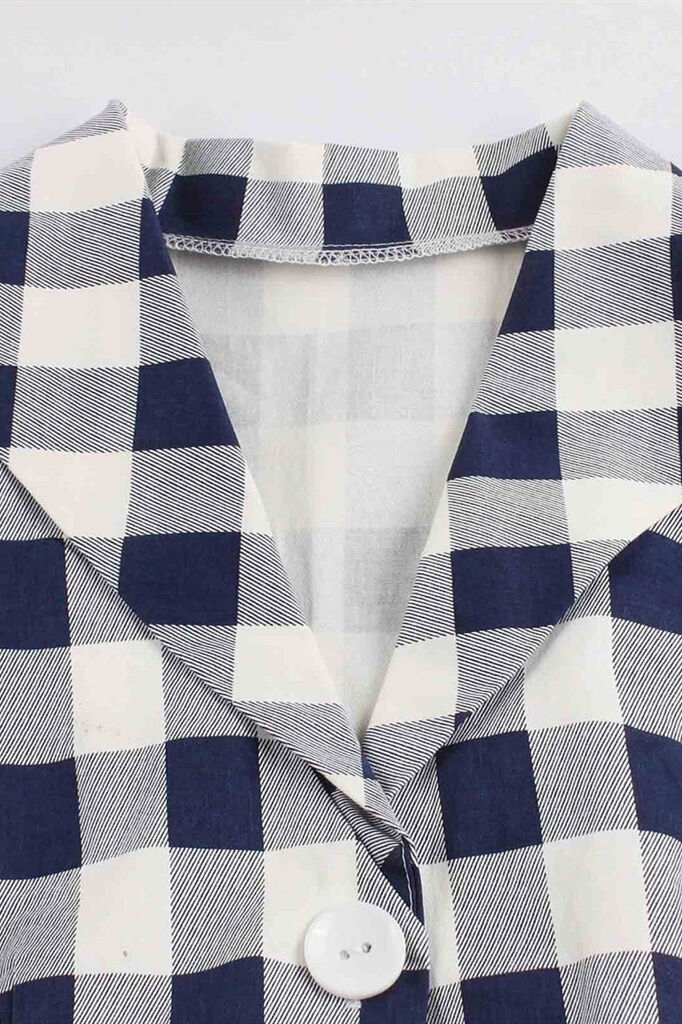 1950s Blue and White Pockets Plaid Dress
