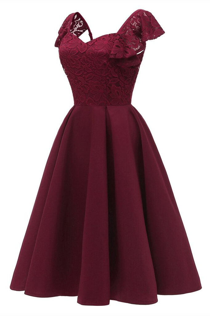 1950s Wine Red Lace and Satin Swing Dress