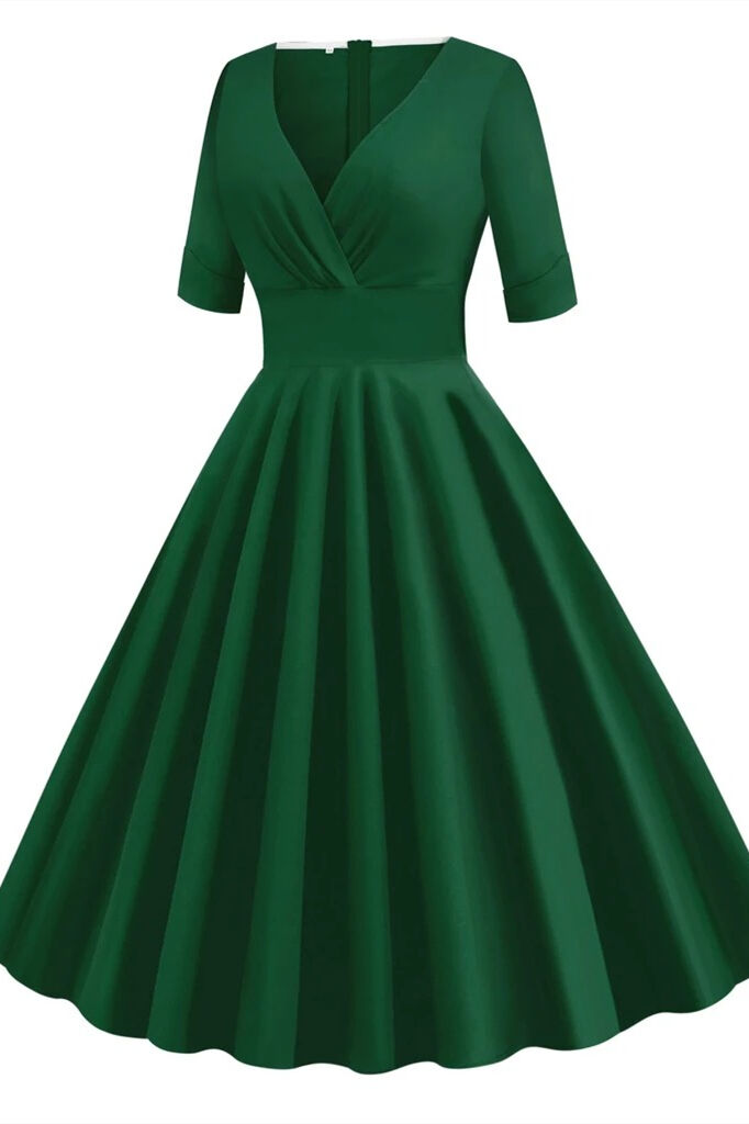 1950s Dark Green Wrap Swing Dress