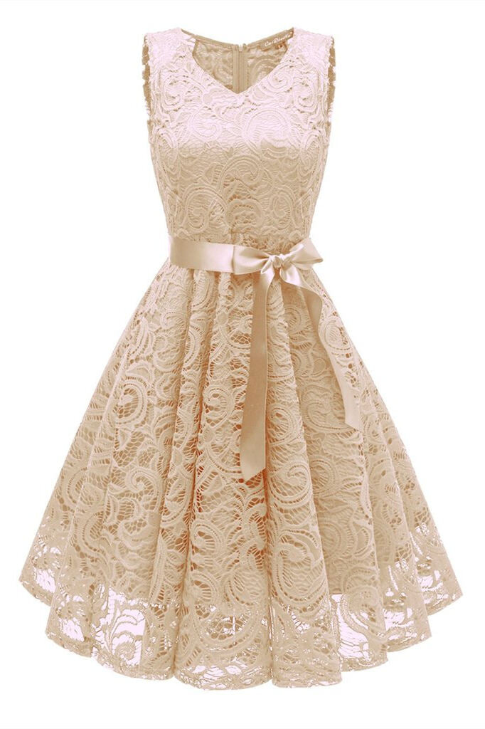 1950s Champagne Lace Floral Swing Dress