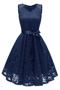 1950s Navy Blue Lace Floral Swing Dress