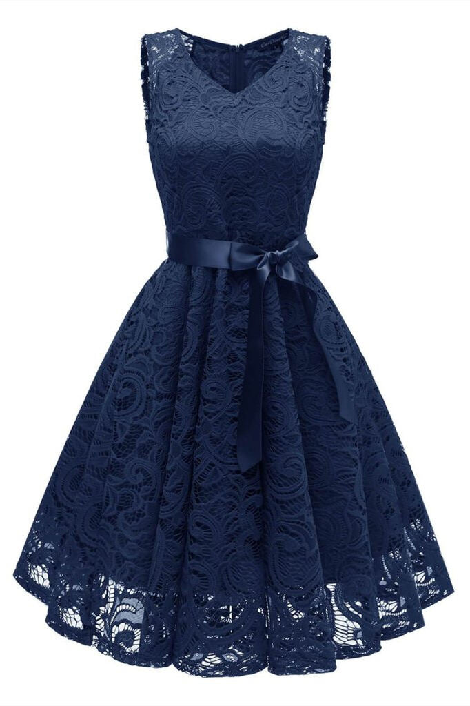 1950s Navy Blue Lace Floral Swing Dress