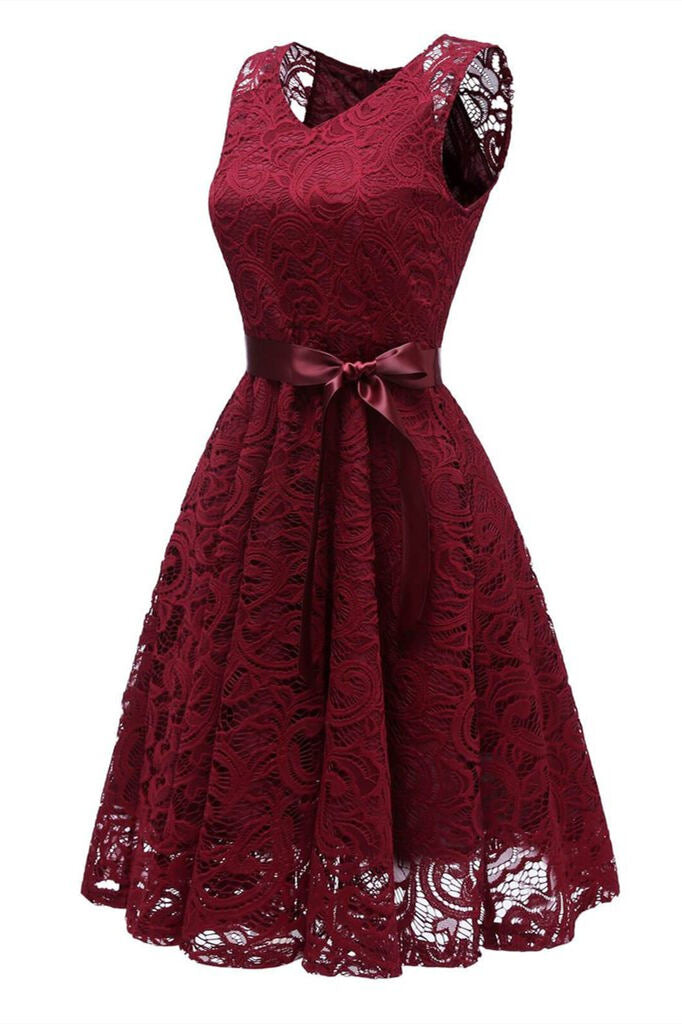 1950s Wine Red Lace Floral Swing Dress