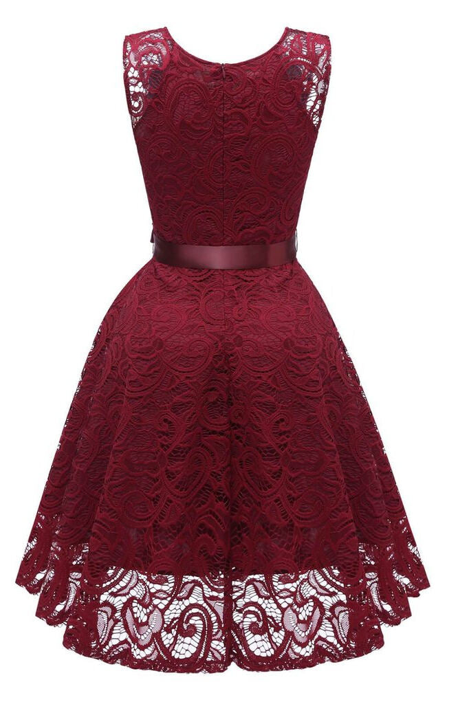 1950s Wine Red Lace Floral Swing Dress