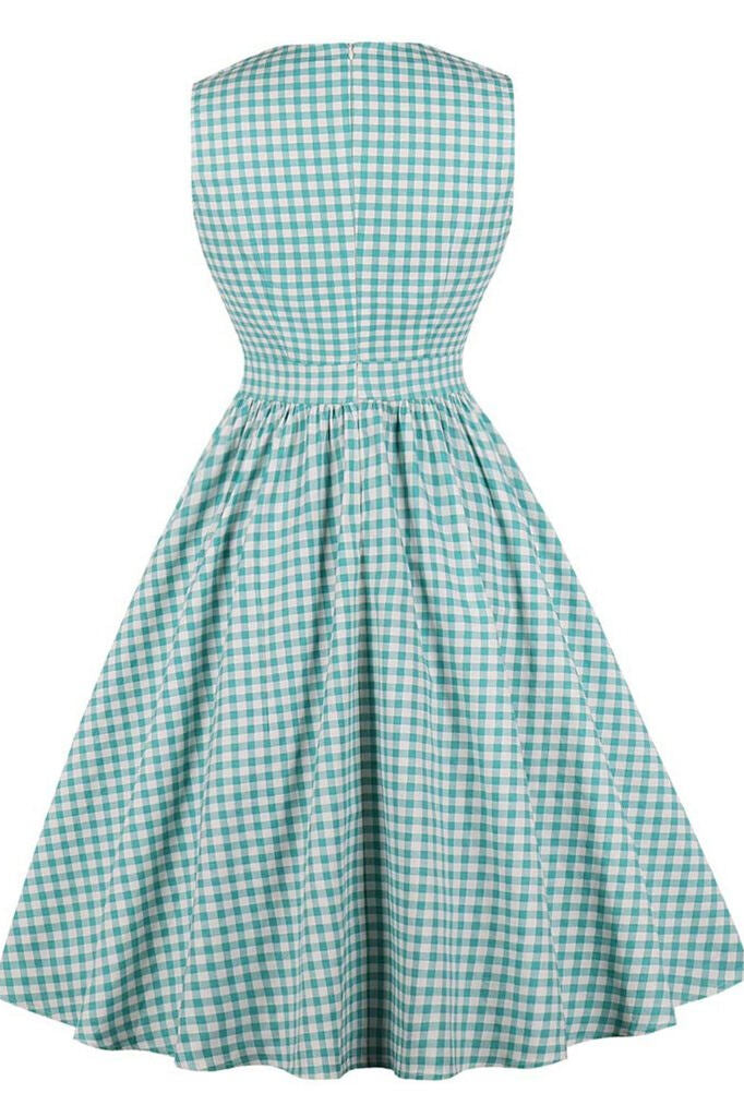 1950s Green Plaid Pockets Swing Dress