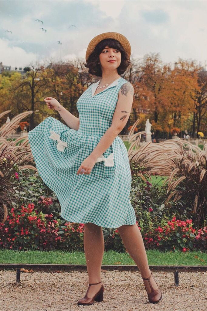 1950s Green Plaid Pockets Swing Dress