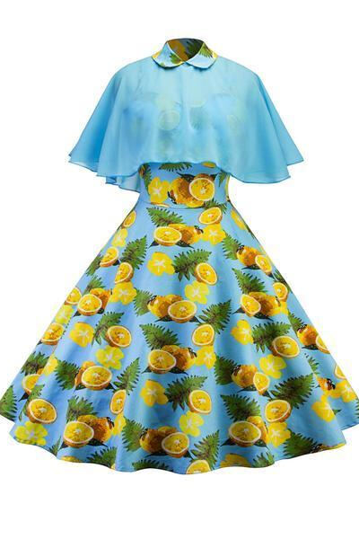 1950s Blue Patchwork Lemon Swing Dress