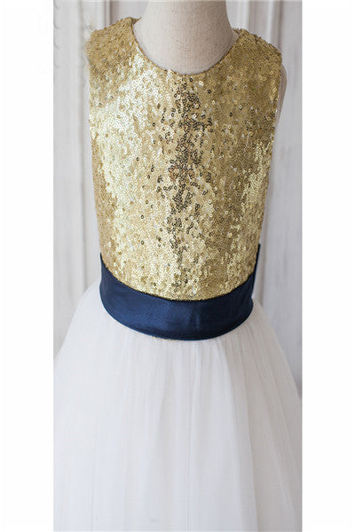 Gold Sequins A Line Lond Flower Girl Dress with Bow