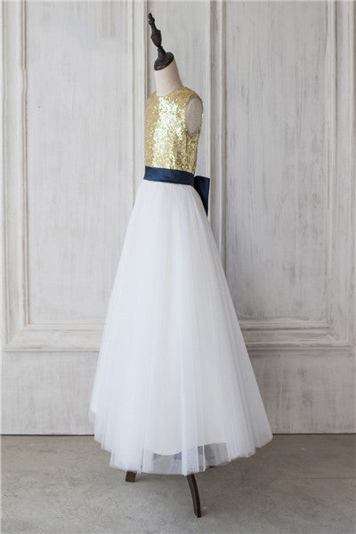 Gold Sequins A Line Lond Flower Girl Dress with Bow