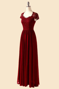 Crew Neck Cap Sleeve Burgundy Long Bridesmaid Dress
