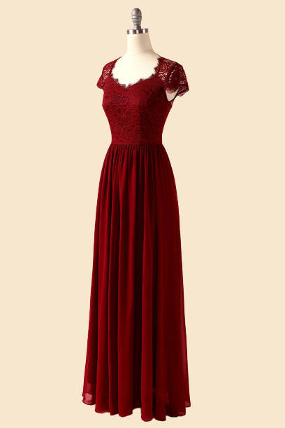 Crew Neck Cap Sleeve Burgundy Long Bridesmaid Dress