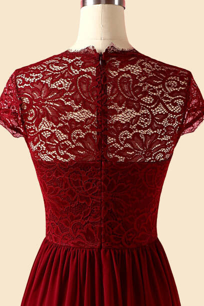 Crew Neck Cap Sleeve Burgundy Long Bridesmaid Dress