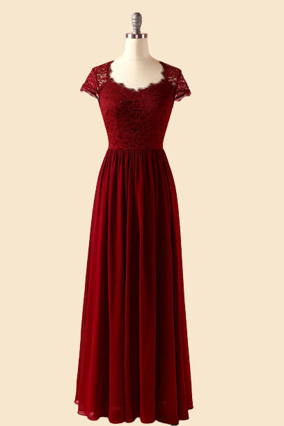 Crew Neck Cap Sleeve Burgundy Long Bridesmaid Dress