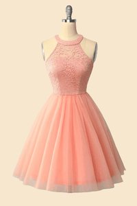 Halter Lace Wine Red Short Bridesmaid Dress