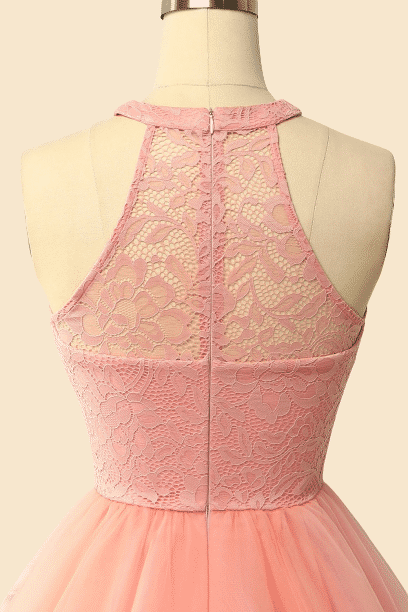 Halter Lace Wine Red Short Bridesmaid Dress