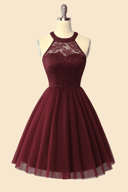 Halter Lace Wine Red Short Bridesmaid Dress