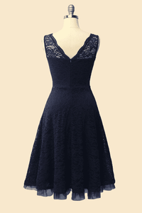 Crew Neck Lace Navy Blue Bridesmaid Dress