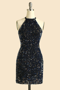 Halter Sparkly Black Short Bridesmaid Dress with Sequins
