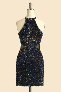 Halter Sparkly Black Short Bridesmaid Dress with Sequins