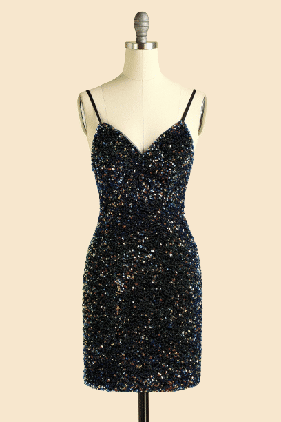 V-Neck Sheath Black Bridesmaid Dress with Sequin