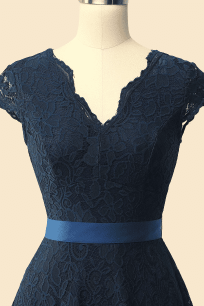 A-Line Cap Sleeve Navy Blue Bridesmaid Dress with Belt