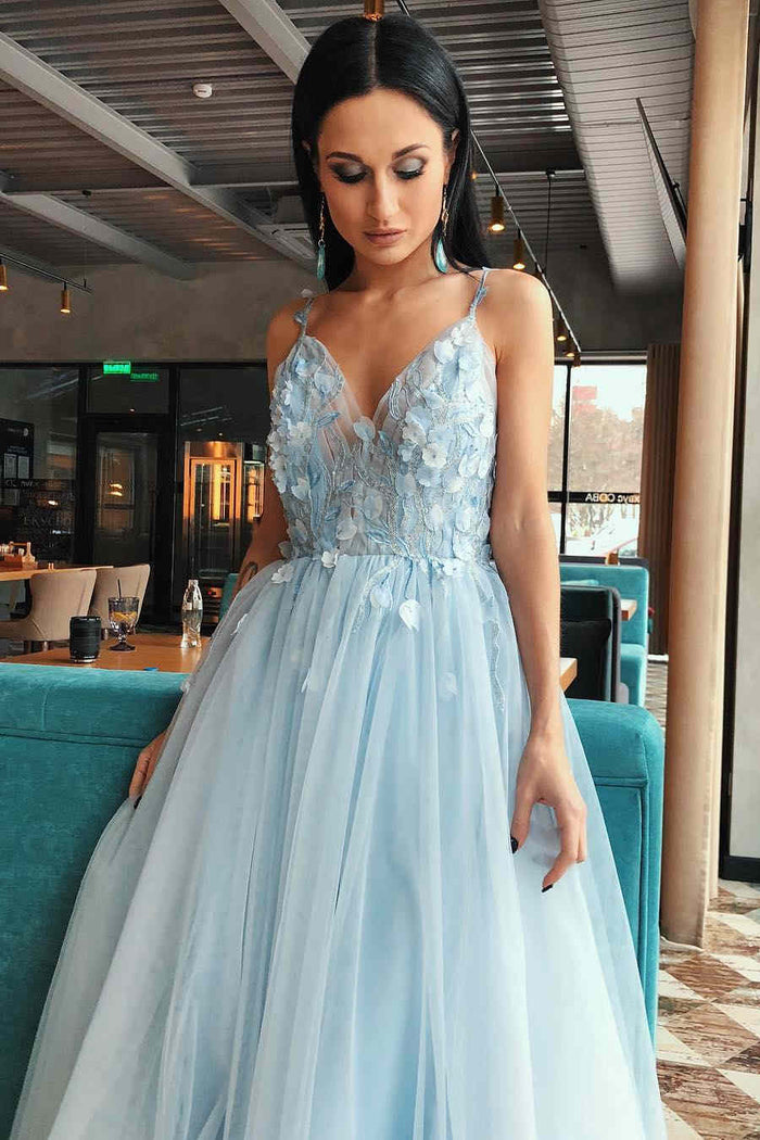 A-Line Light Blue Tulle Prom Dress with Flowers