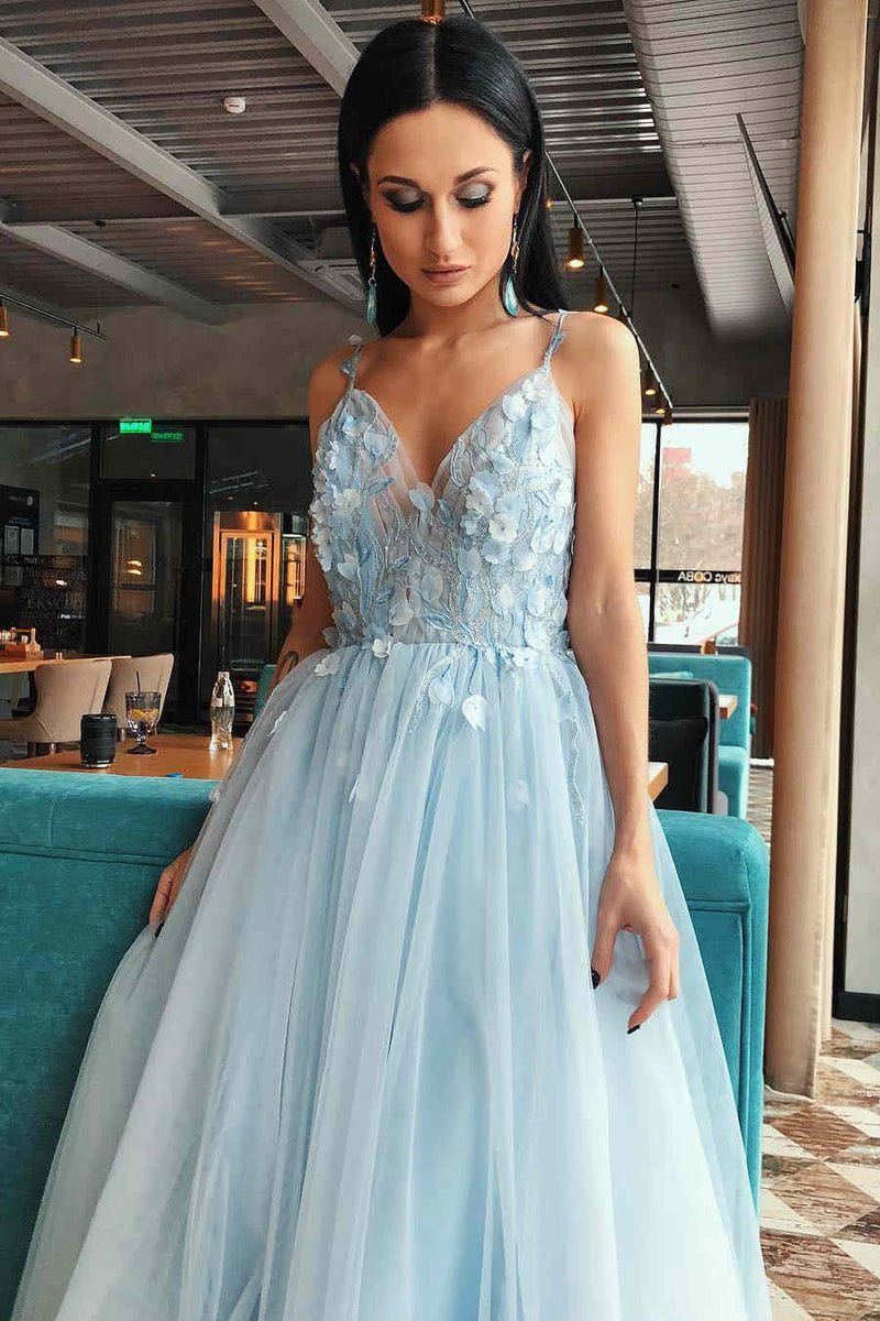 A-Line Light Blue Tulle Prom Dress with Flowers