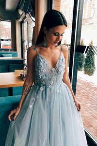 A-Line Light Blue Tulle Prom Dress with Flowers