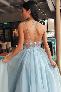 A-Line Light Blue Tulle Prom Dress with Flowers