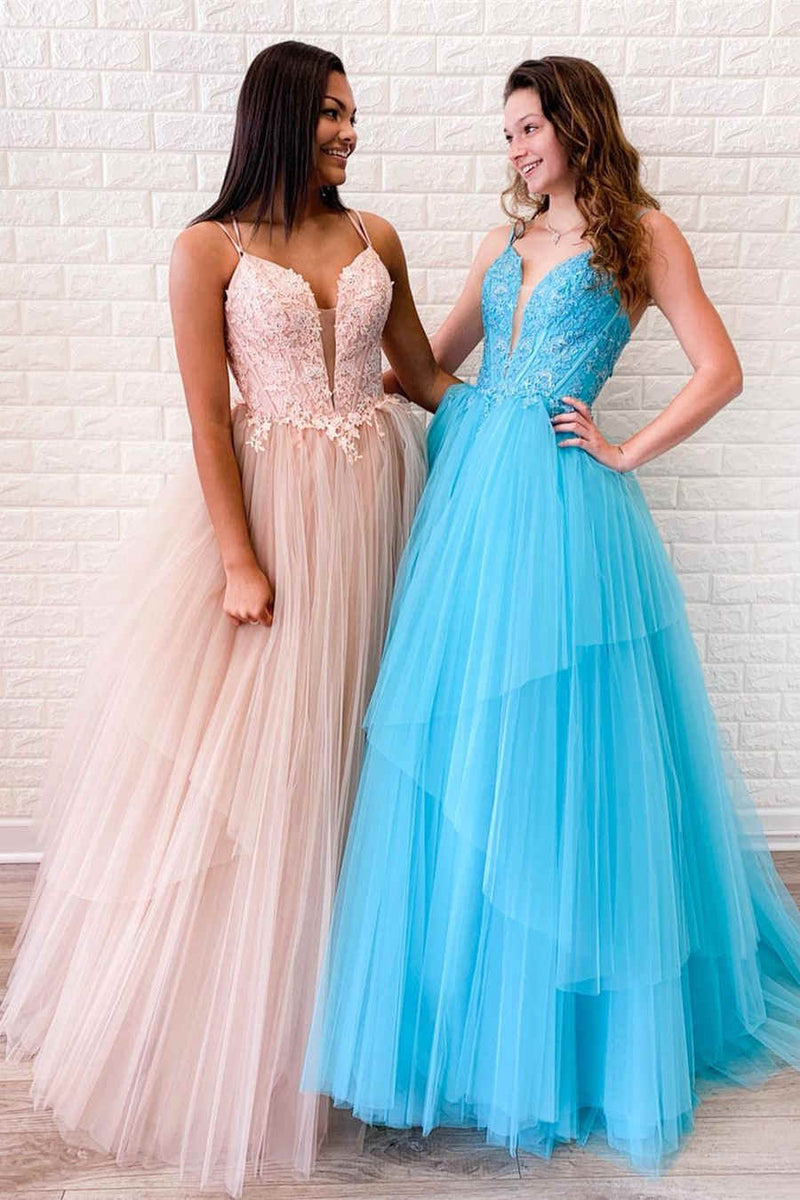 A-Line Lace Appliques Blue Prom Dress