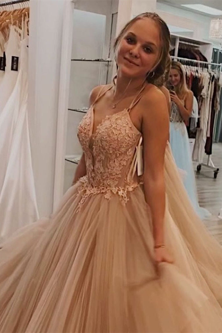 A-Line Lace Appliques Blue Prom Dress