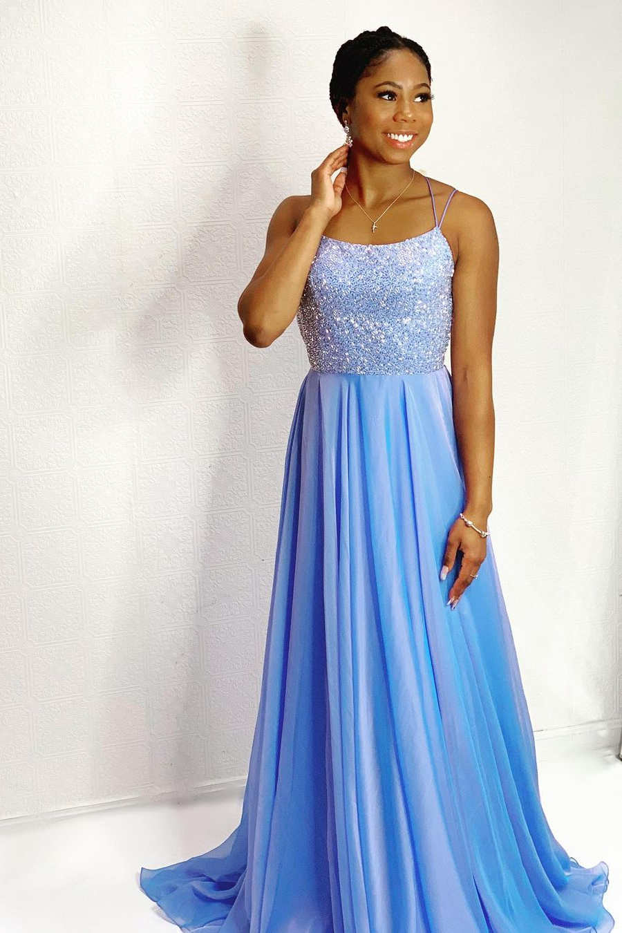 Straps Beaded Top Sky Blue Long Prom Dress