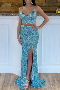 Glitter Two Piece Green Sequins Mermaid Prom Dress