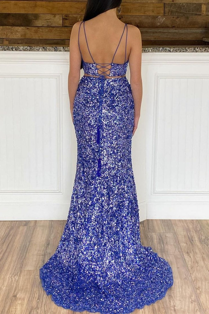 Glitter Two Piece Green Sequins Mermaid Prom Dress