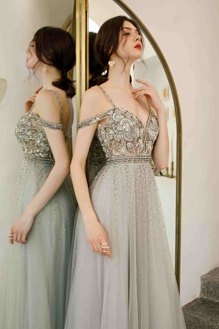 Elegant Off the Shoulder Beaded Long Prom Dress