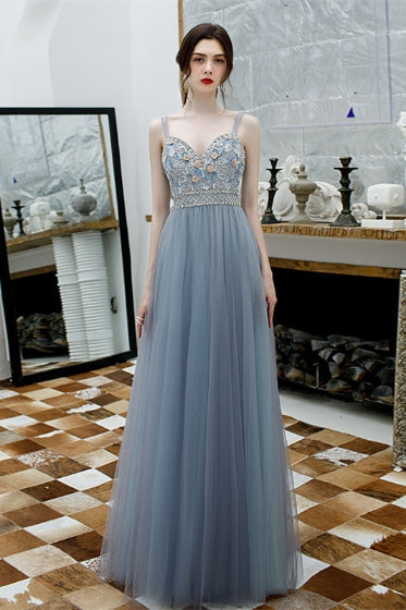 Spaghetti Straps Embroidery Smokey Blue Tulle Prom Dress