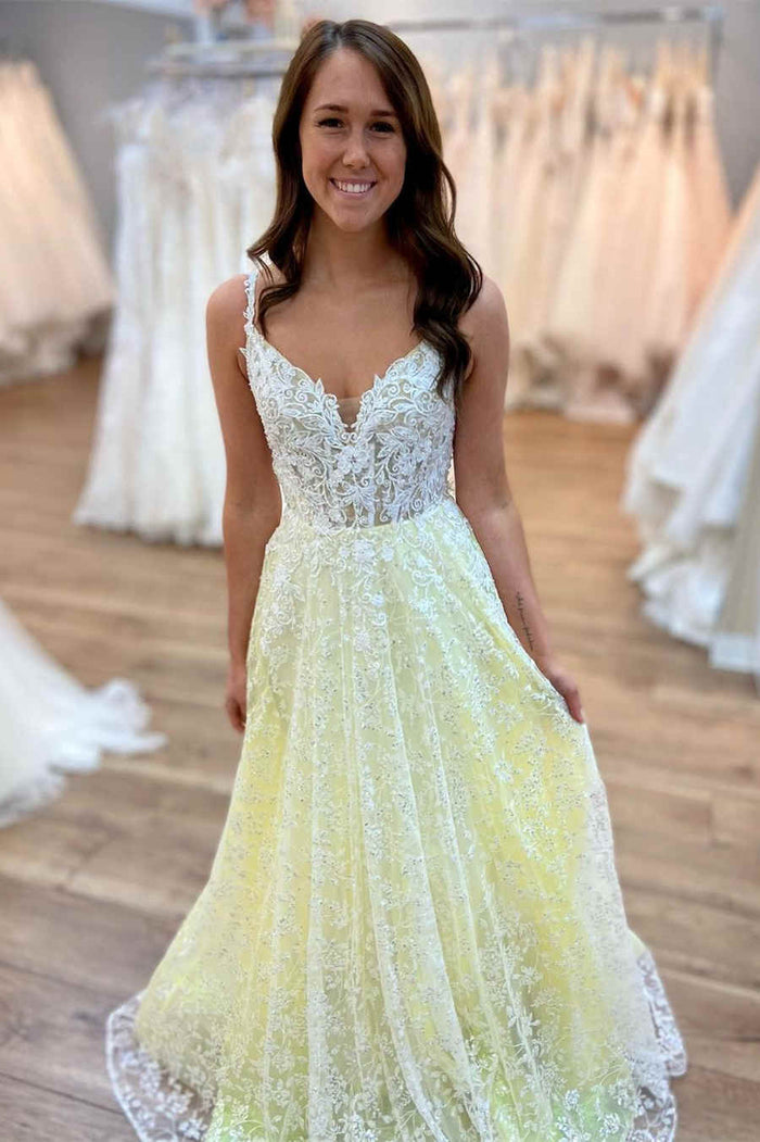 Spaghetti Straps V-Neck Yellow Lace Long Prom Dress