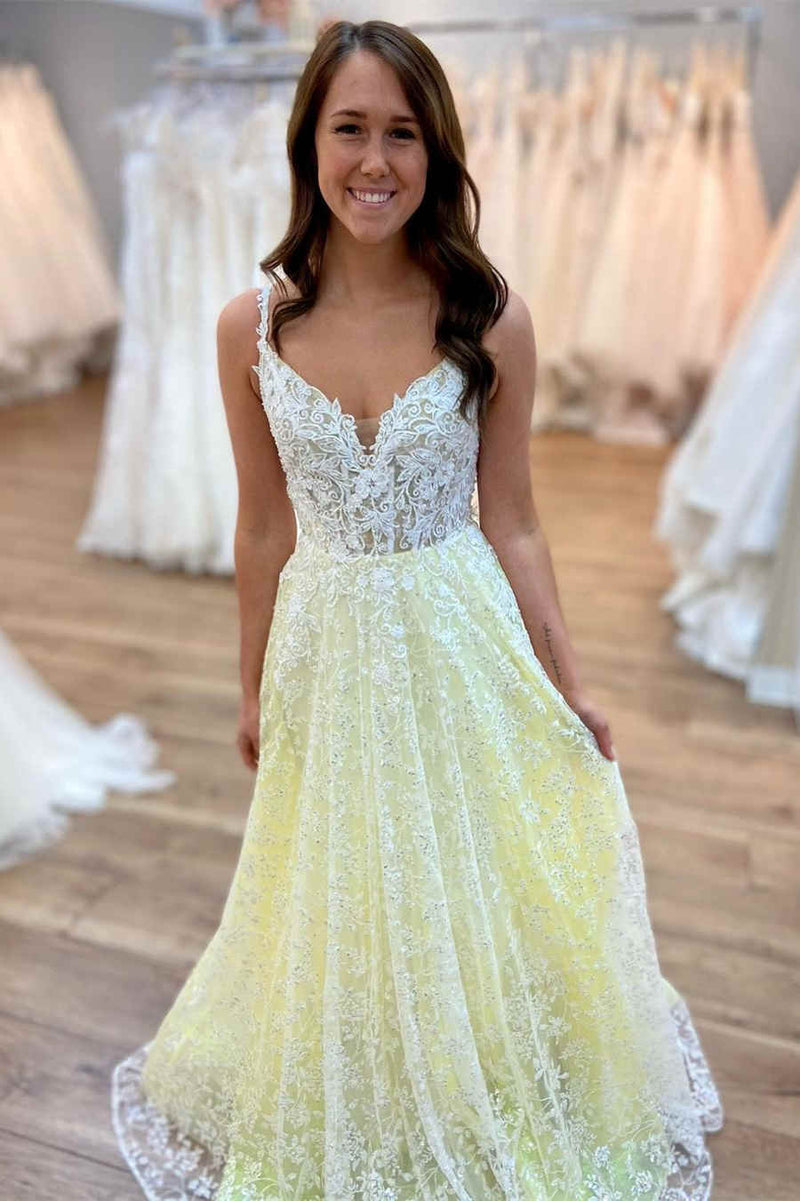 Spaghetti Straps V-Neck Yellow Lace Long Prom Dress