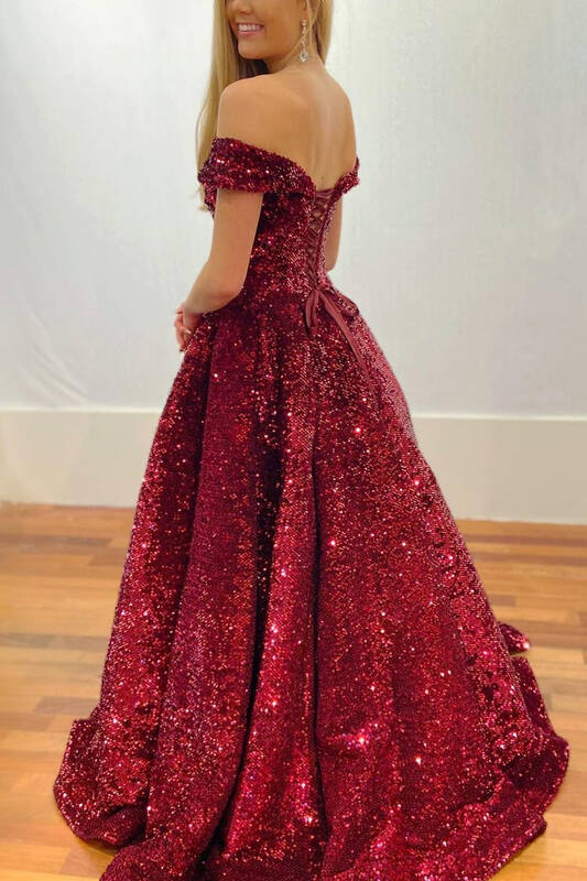 Sparkle Off the Shoulder Burgundy Sequined Long Ball Gown