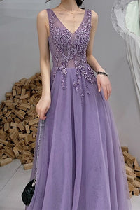 Elegant Lilac V-Neck Appiques Long Prom Dress