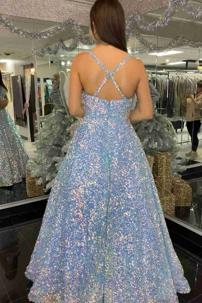 Glitter Sequins White Long Prom Dress with Pockets