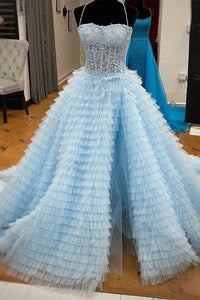 Light Blue Beaded  Formal Dress with Slit
