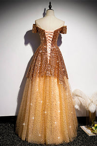 Glitter Offt the Shoulder Orange Prom Dress