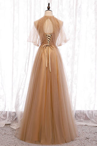 A-Line Beaded Champagne Tulle Bridesmaid Dress
