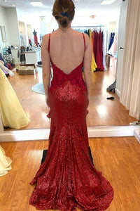 Sexy Wine Red Sequined Long Formal Dress with Slit