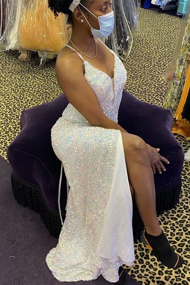 Glitter Mermaid Ivory Sequined Formal Dress with Slit