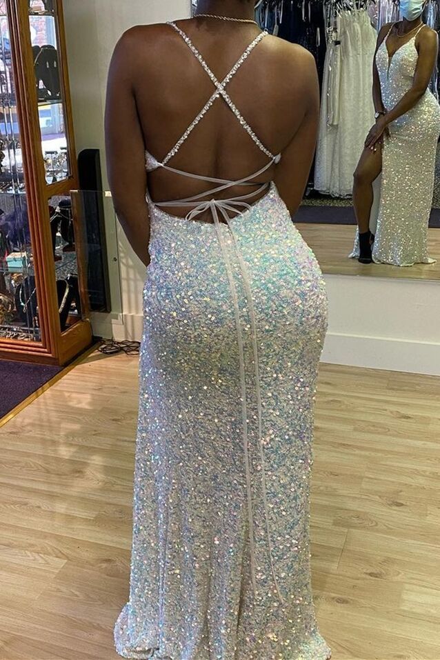 Glitter Mermaid Ivory Sequined Formal Dress with Slit