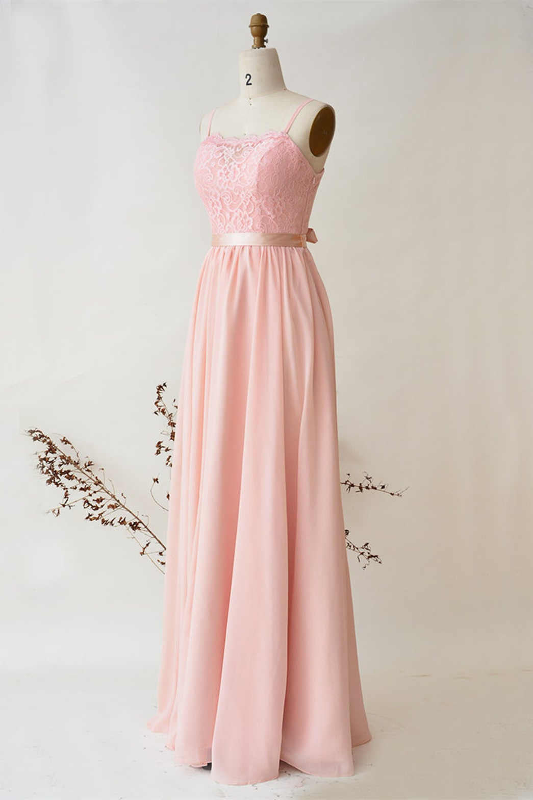Straps Pearl Pink Lace Top Bridesmaid Dress with Belt